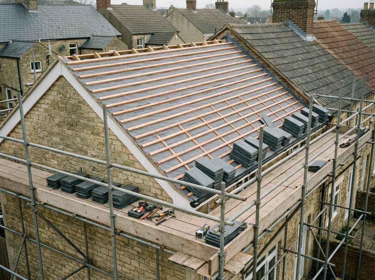 A stripped pitched roof with new timber battens and breathable membrane, slate stacked ready to lay