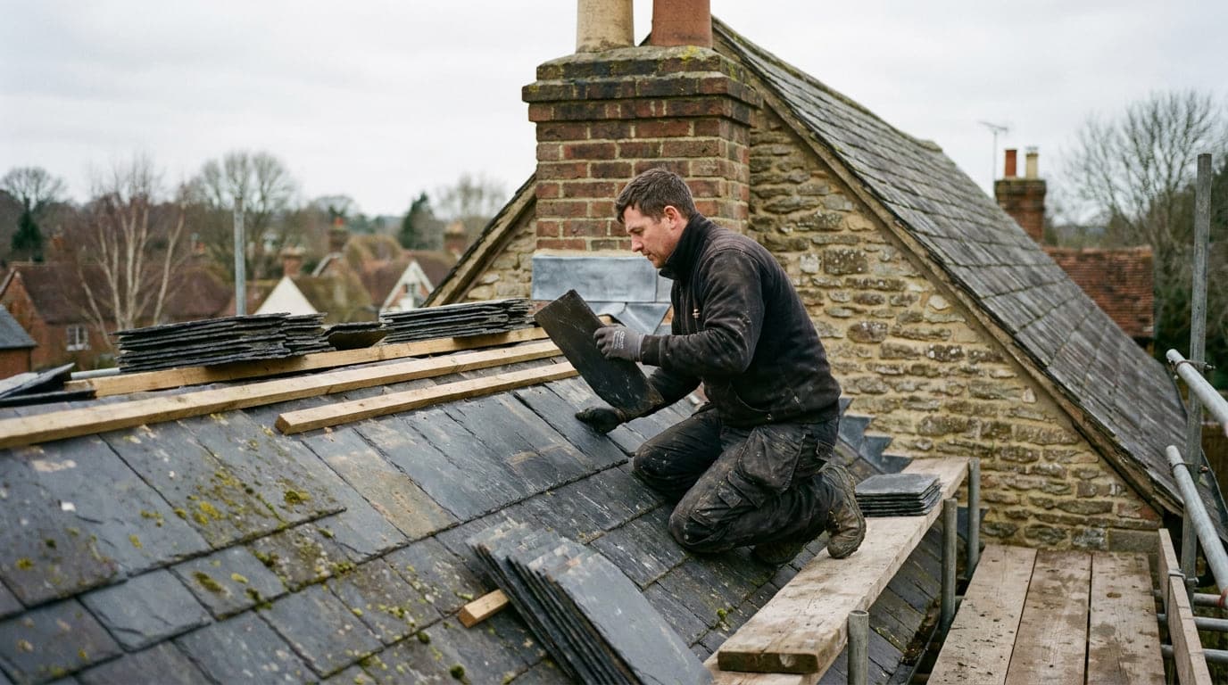 A roofer laying natural slate in courses on a steeply pitched roof, with a freshly leaded chimney behind